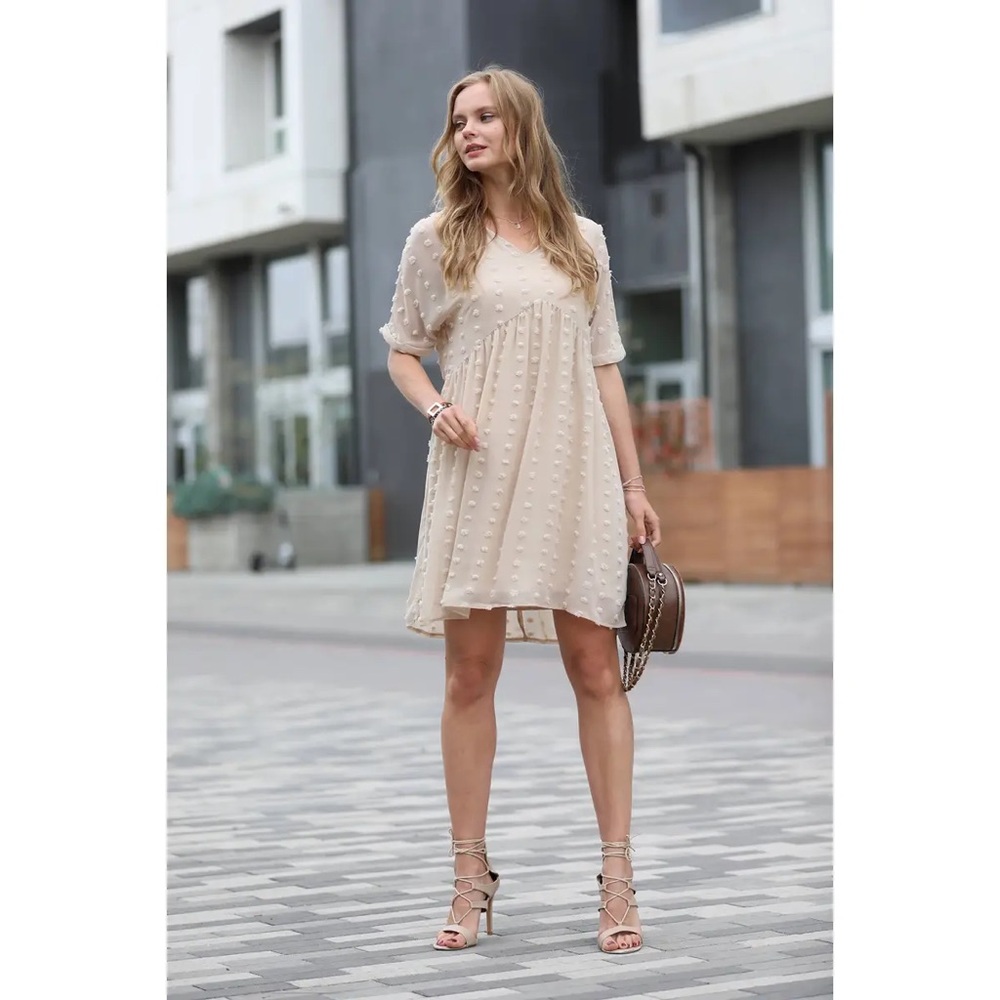 Cream Swiss Dot Babydoll Mini Dress w/ Lining